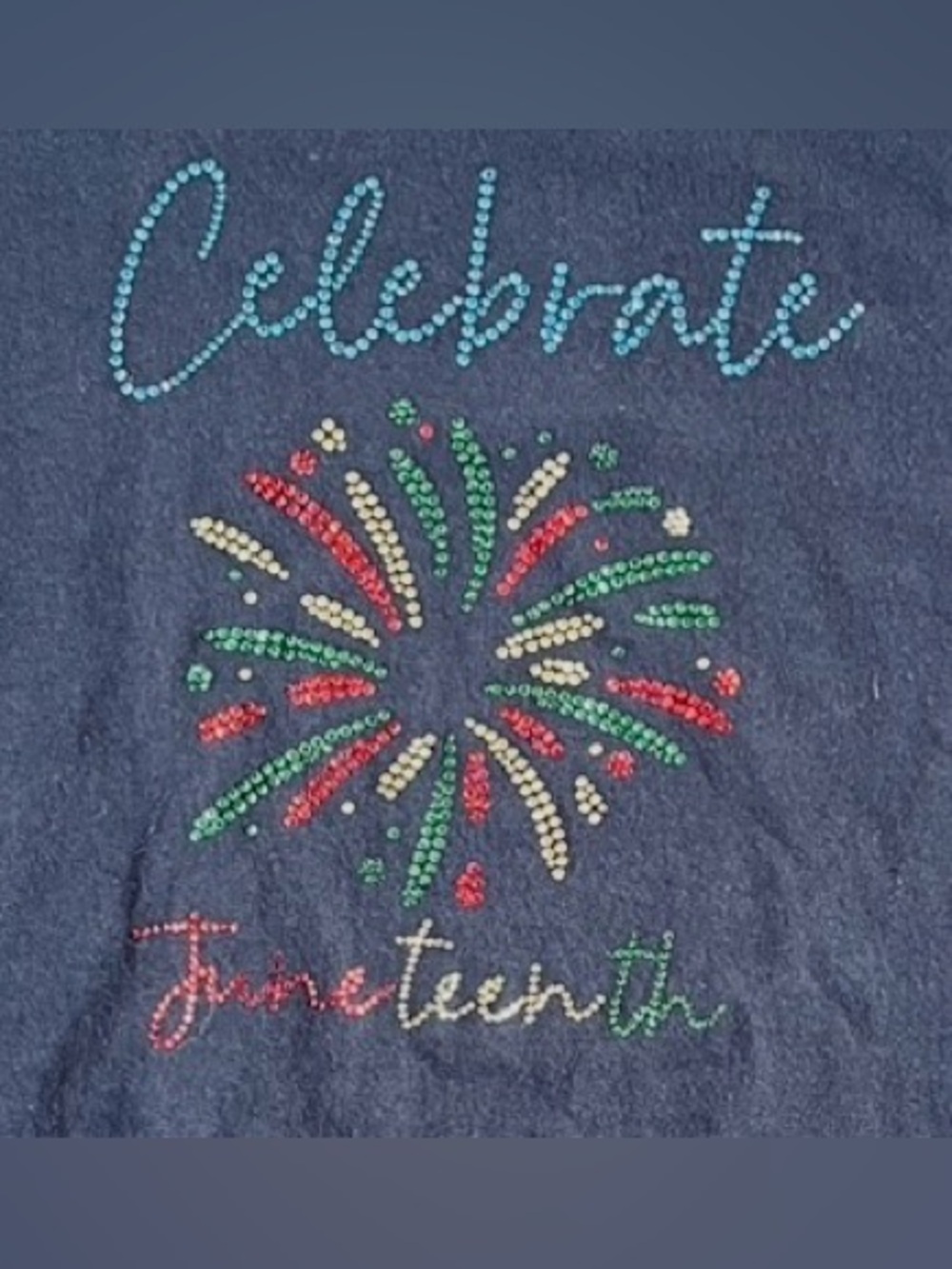 Ladies Large t-shirt “Celebrate Juneteenth" design in colorful rhinestones. NWOT
